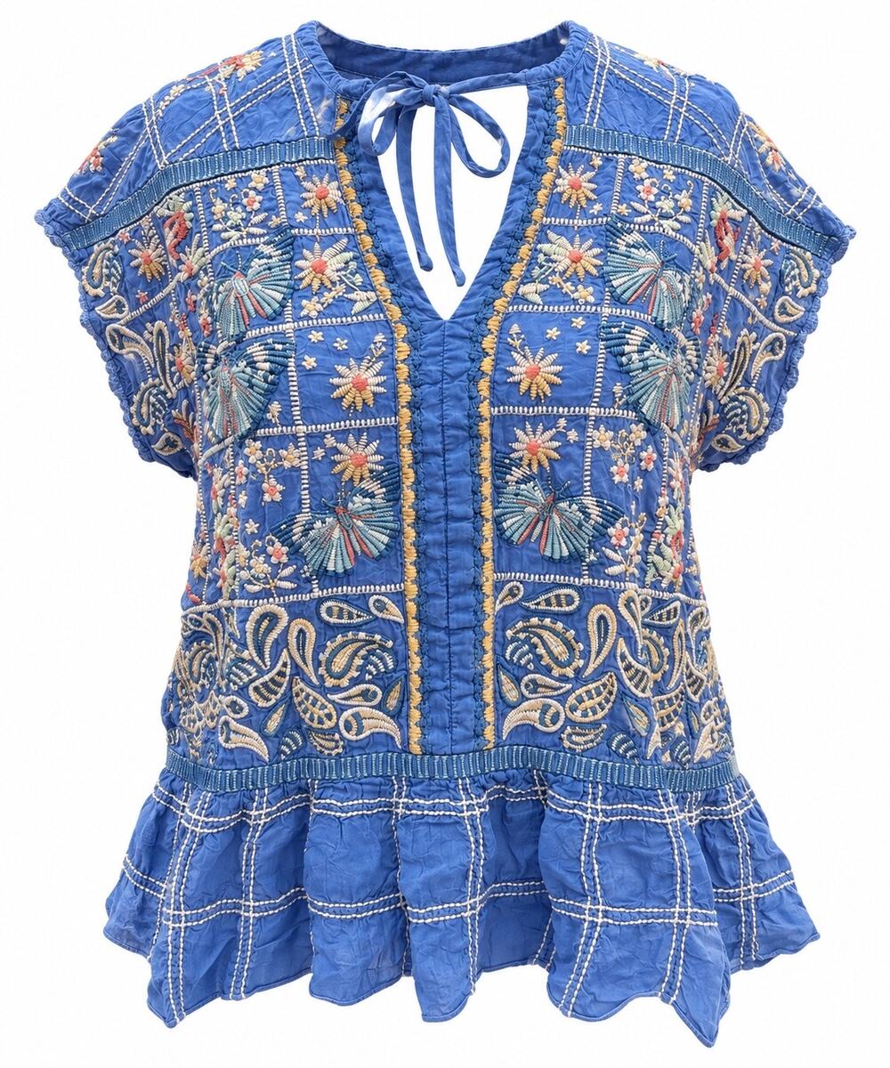 Johnny Was M Blue Embroidered Cupra Rayon Ruffle Hem Boho Blouse Tie Neck